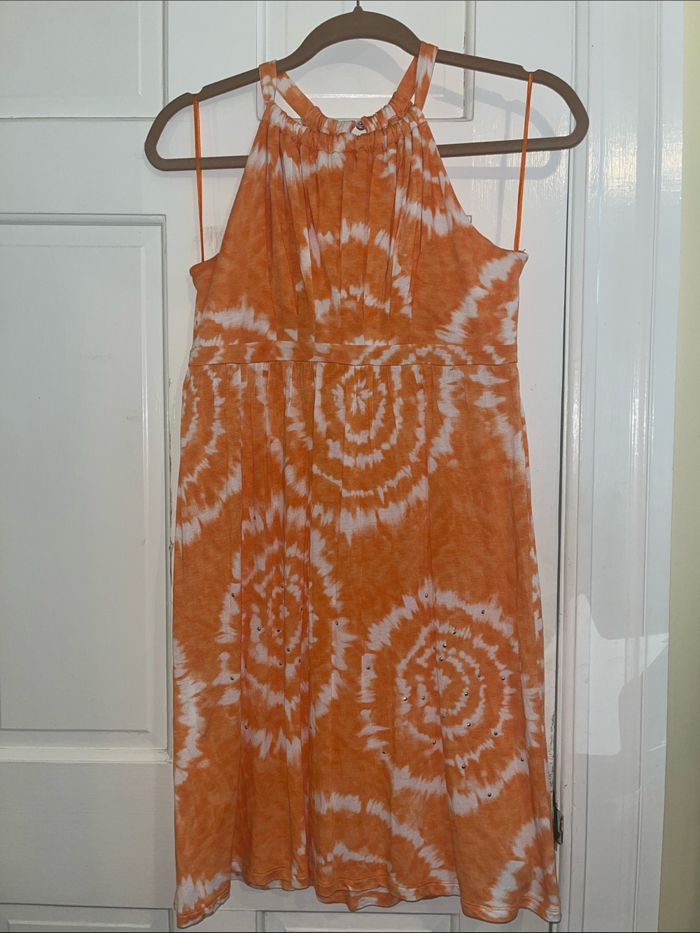 INC Orange White Tie Dye Studded High Neck Dress Medium Summer Sundress EUC